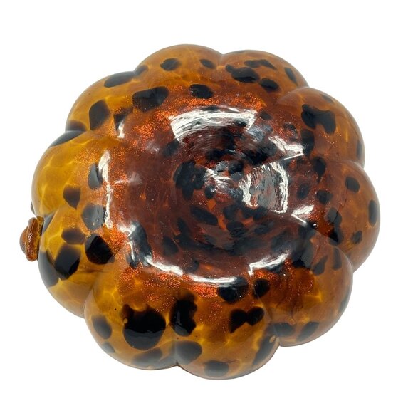 Art Glass Pumpkin Amber Orange Leopard Spot Ribbon Stem Shimmer 7 Inch - Picture 5 of 9